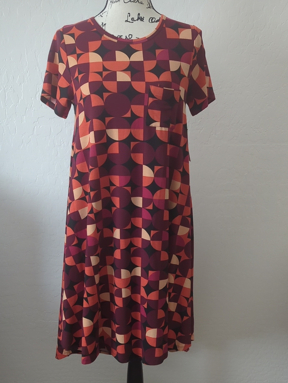 XS Lularoe Carly Geometric Print Short Sleeve Swing Dress - Burgundy/Tan